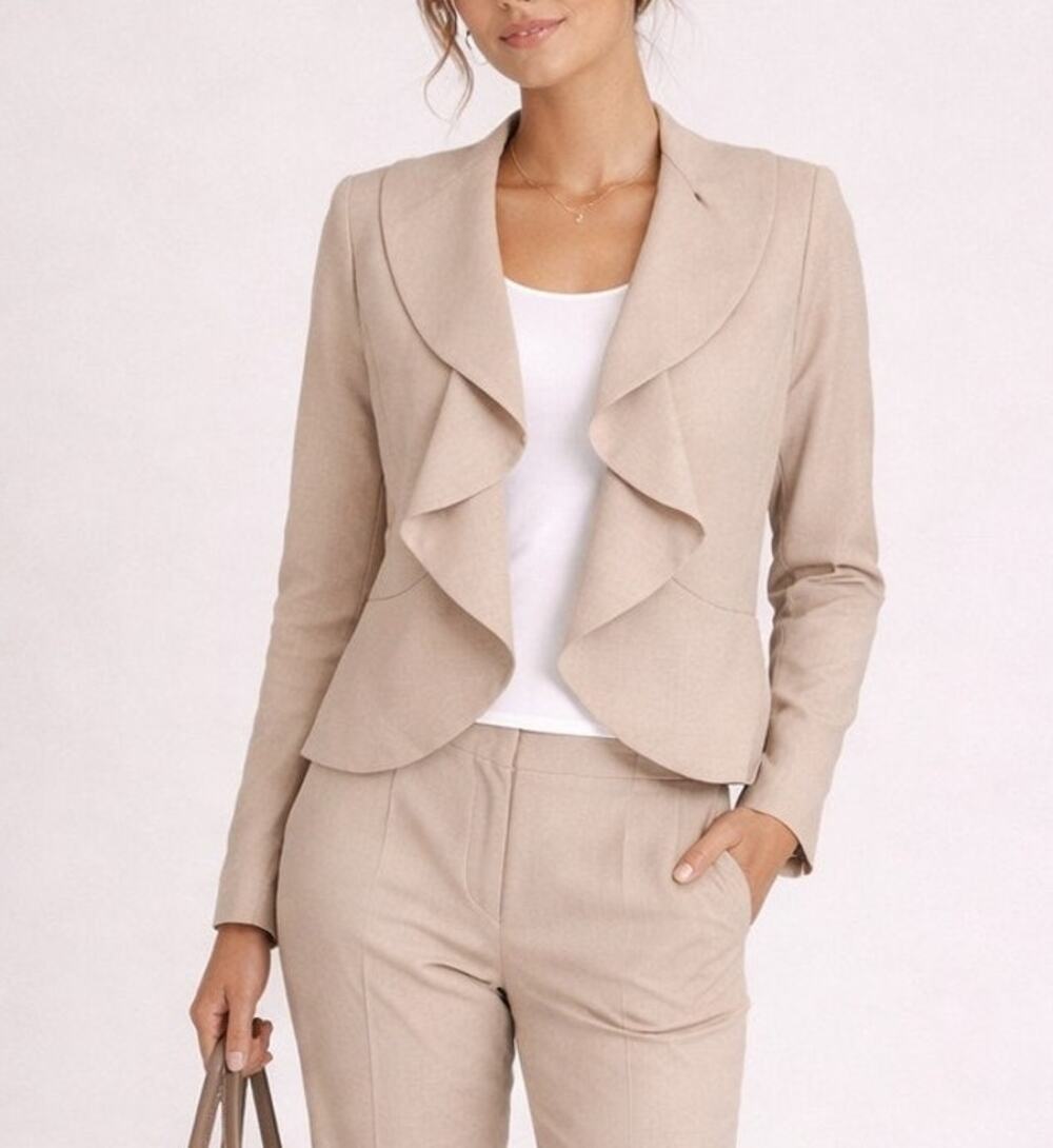 Vintage Kasper Ruffle Blazer Jacket Womens Size 6 Beige Office Career Preppy